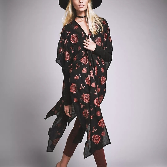 Free People Jackets & Blazers - Free People Black and Rose Gold Mesh Light of the Moon Printed Kimono One Size